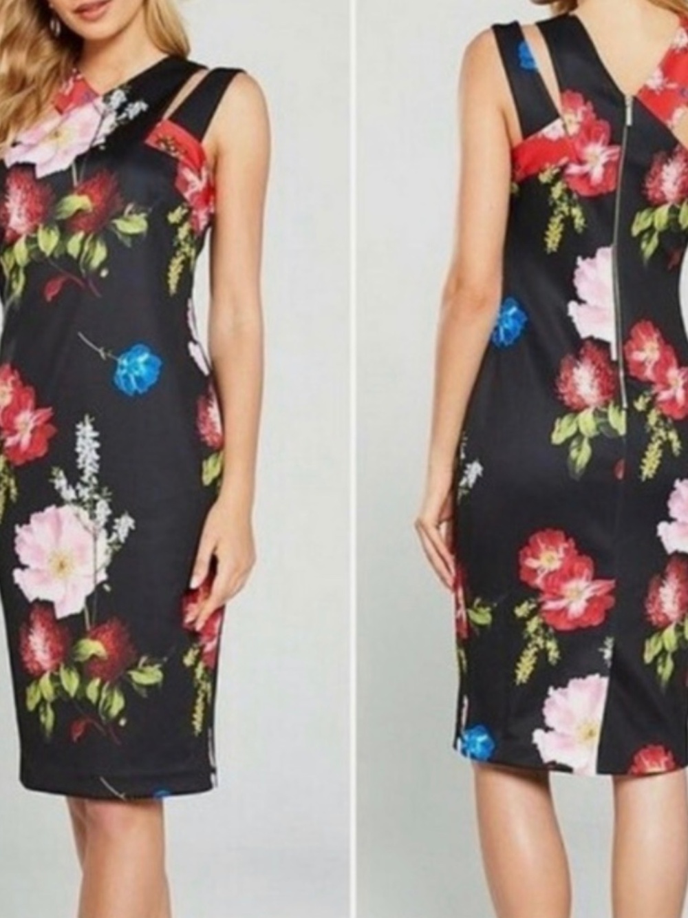 Ted Baker black floral asymmetrical crossover neckline sheath dress